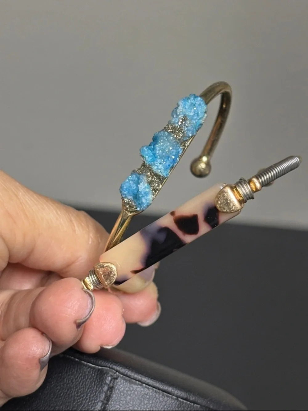 Bundle of Blue Gold Druzy Animal Print Cuff Bangle Bracelet